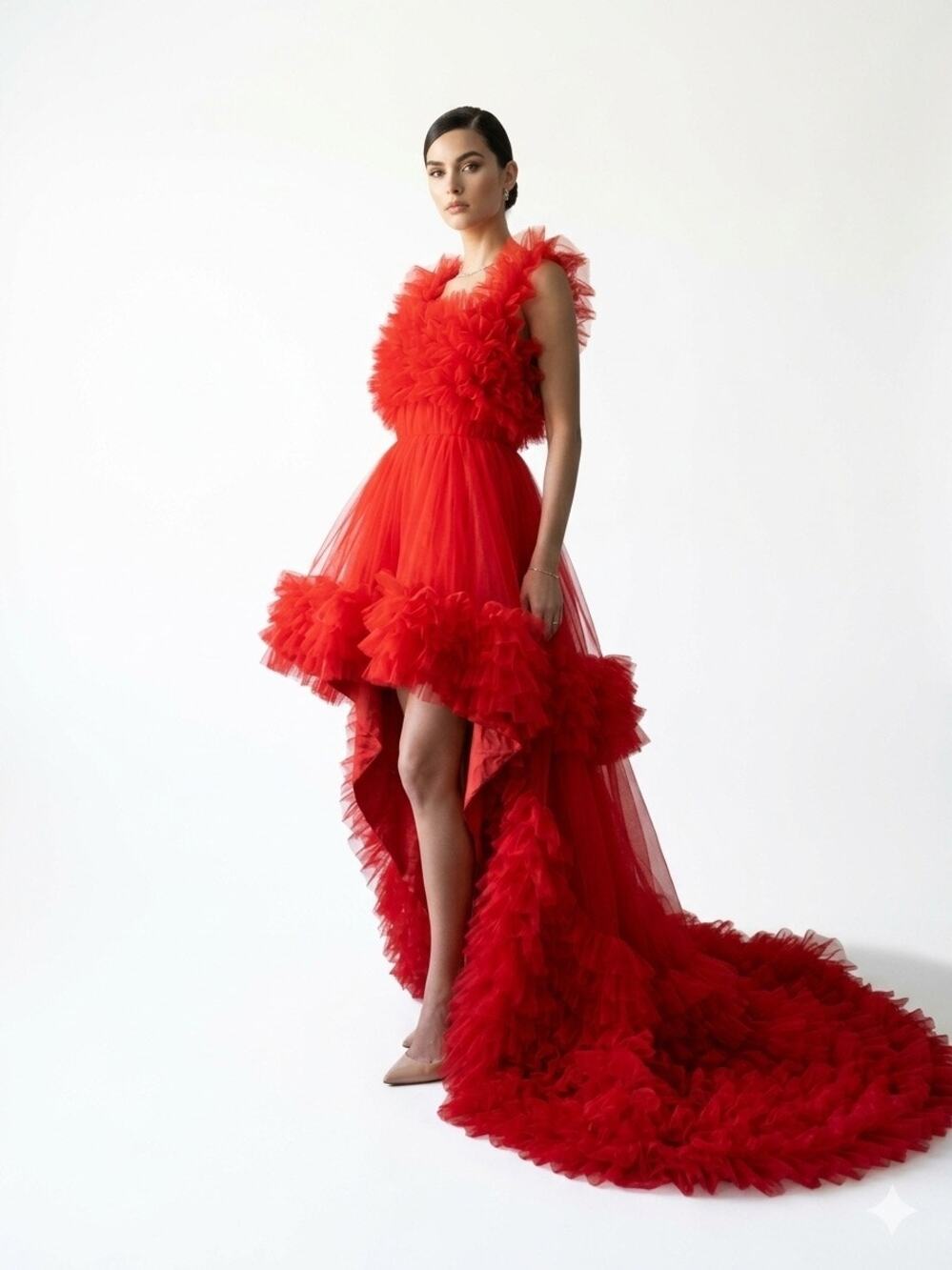 Red High-Low Tulle Gown Tiered Ruffle Dress with Train Evening Photography small
